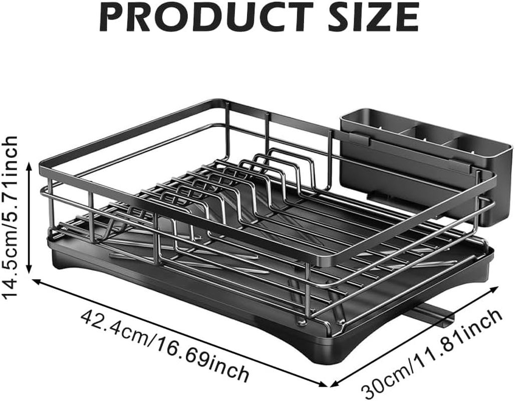 Iron Dish Drying Rack with Drainboard, Heavy-Duty Adjustable Spout Dish Drainer with Utensil Holder, Knife Slots and Non-Scratch Feet, Rustproof Kitchen Sink Organizer for Countertop Storage image number 3