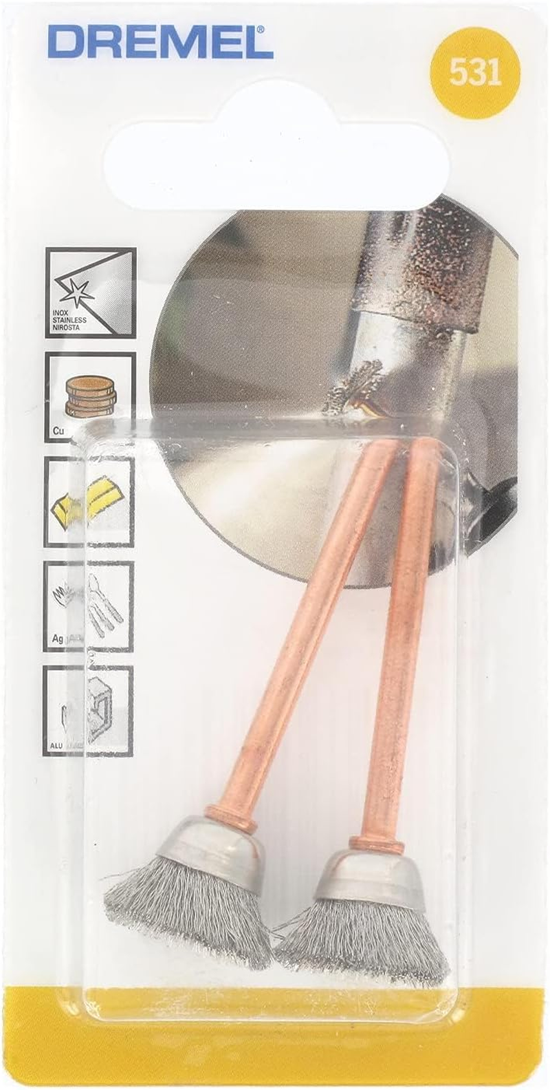 Dremel 531 Stainless Steel Brush Accessory Set, 2 Brushes (13 Mm) for Cleaning Corrosive Resistant Materials image number 1