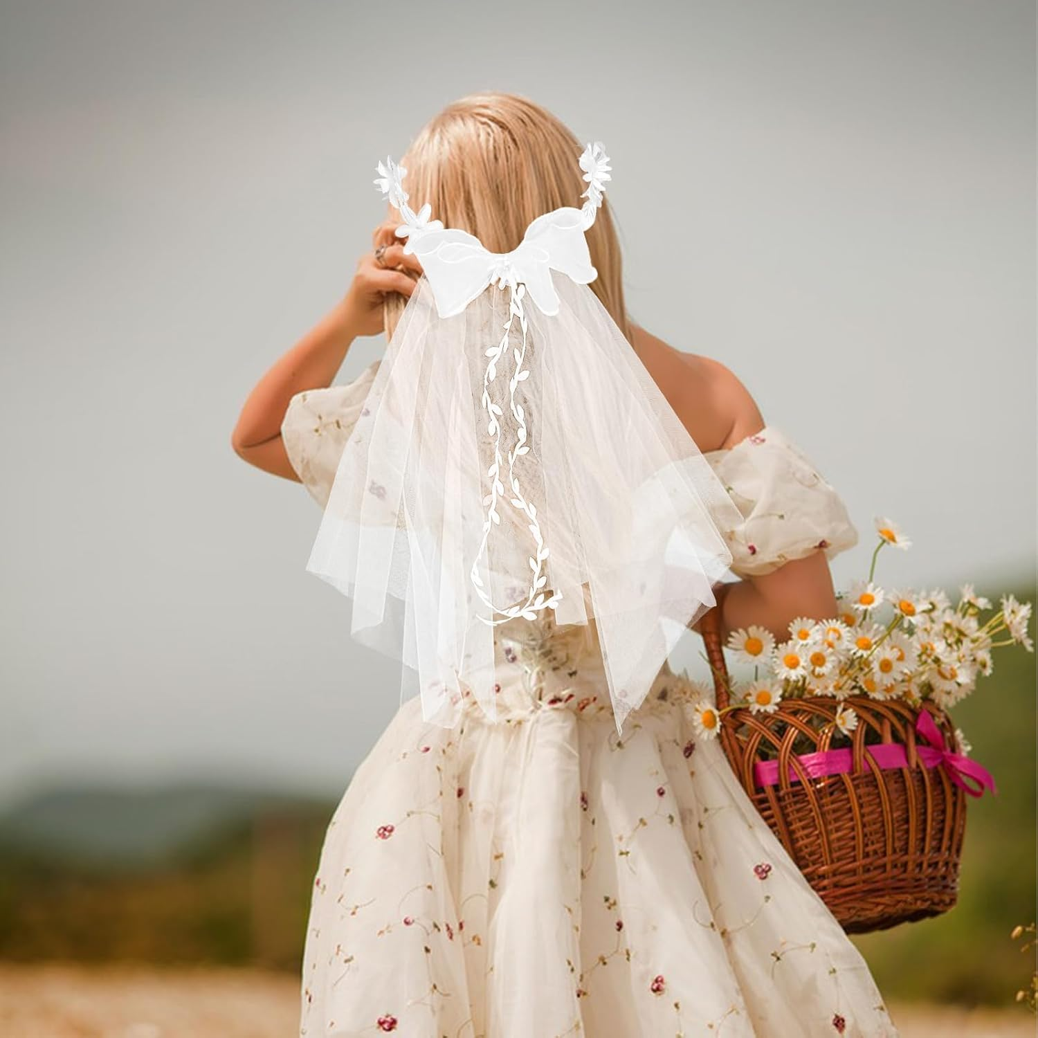 KERANEET Wedding Headband Flowers Headband Wedding Hair Accessories Communion Girls Flowers Headband White Girls Flower Headdress Wedding for Flower Girls and Bridesmaid image number 4