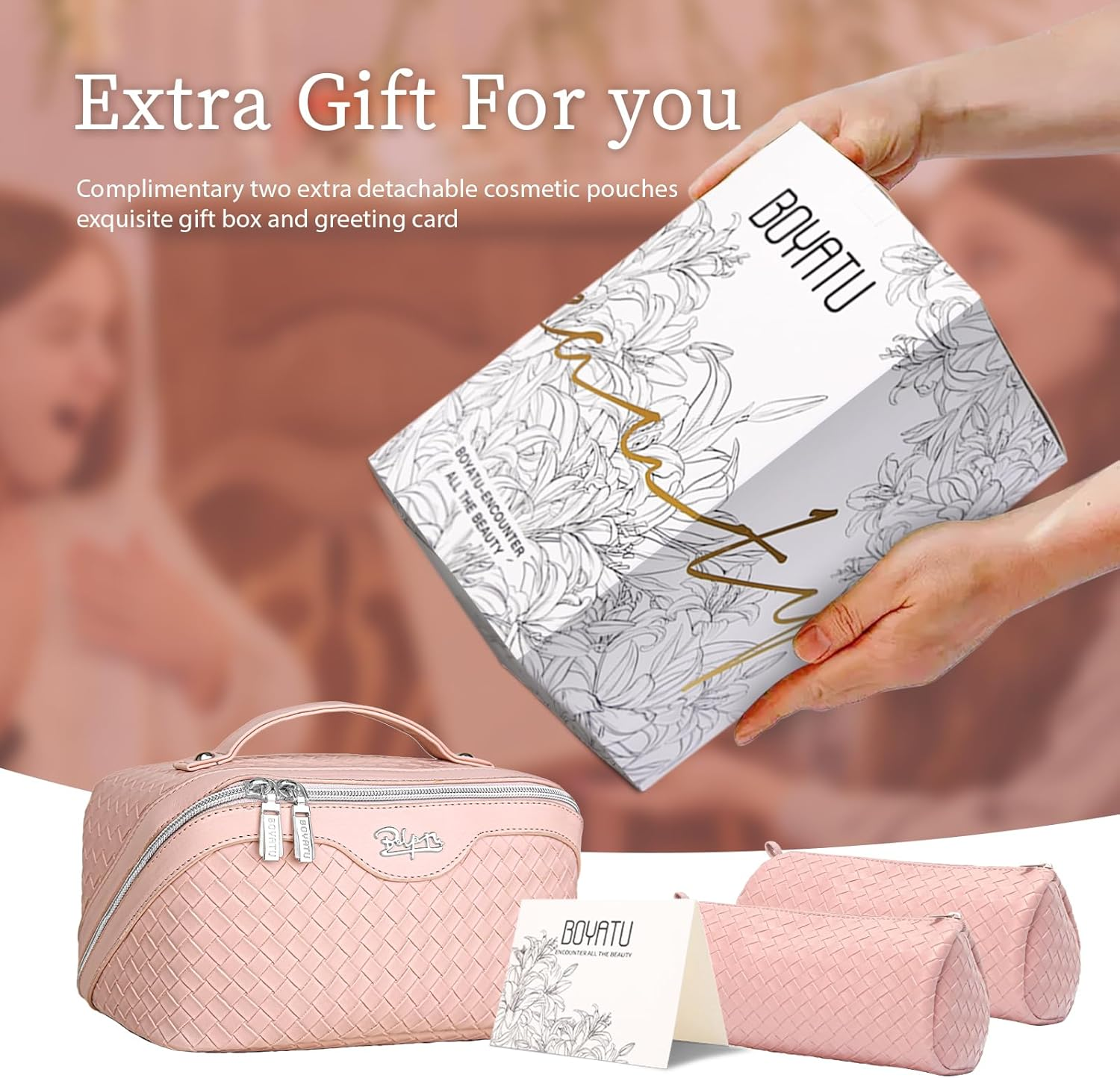 BOYATU Travel Makeup Bag Cosmetic Bags for Women: Large Capacity 3 Pcs Set Make up Bag with Compartments - Waterproof Vegan Leather Toiletry Organizer Bags with Handle (L02 Light Pink) - 01-F-Purple image number 6