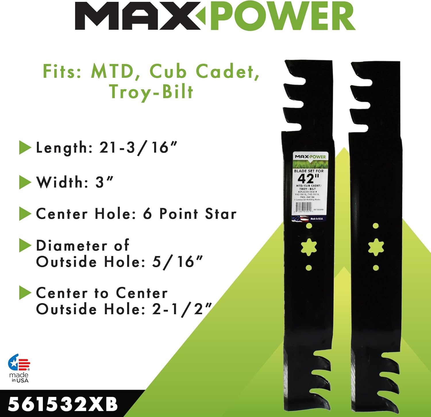 Maxpower 561532XB 2 Blade Commercial Mulching Set for 42" Cut MTD, Cub Cadet, Troy-Bilt Mowers, Replaces OEM No. 942-0616, 742-0616, 942-04126 image number 2