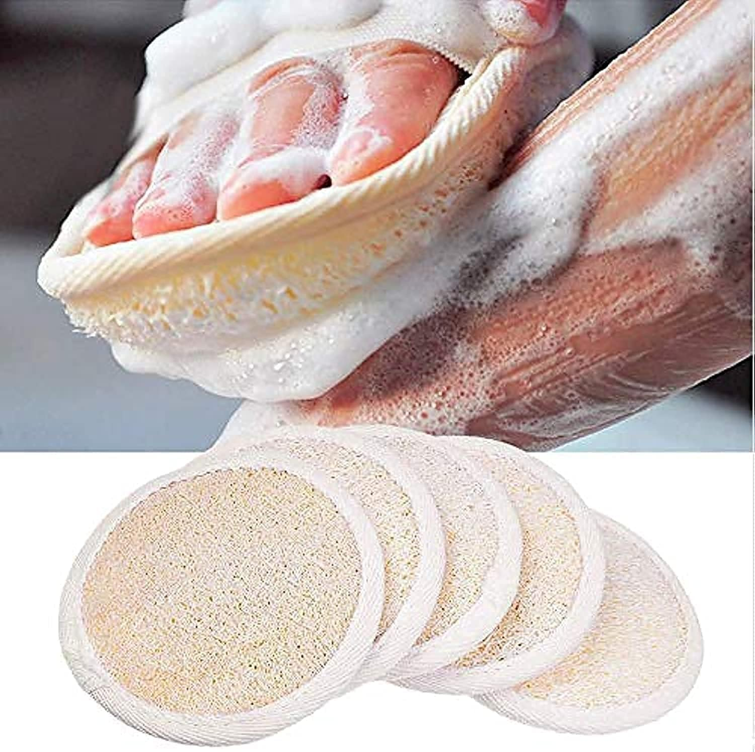Loofah Pads (Pack of 5) - Exfoliating Scrubbing Sponges - Natural Luffa Material - Essential Skin Care Product - for Shower/Bath - Fibrous Texture - Perfect for Face/Body Wash - Wet It and Apply Soap image number 1