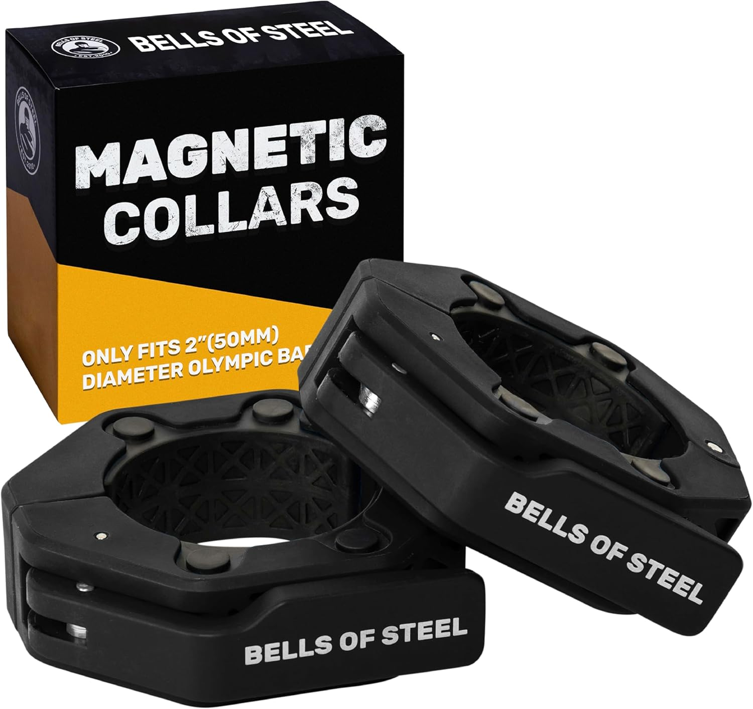 Magnetic Barbell Collars [Bells of Steel] Premium Weight Bar Clamps, Quick Release Barbell Clips, Olympic Barbell Clamps, High Strength Nylon Gym Clips, Pair