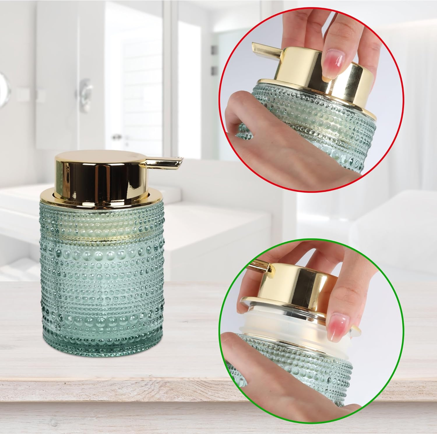 FEILANDUO Bathroom Accessories Set,4Pcs Glass Bathroom Accessories,Vanity Bathroom Decor, Soap Dispenser, Toothbrush Holder Set, Apothecary Jar, Gift for Home Apartment (Green), Pink/Green