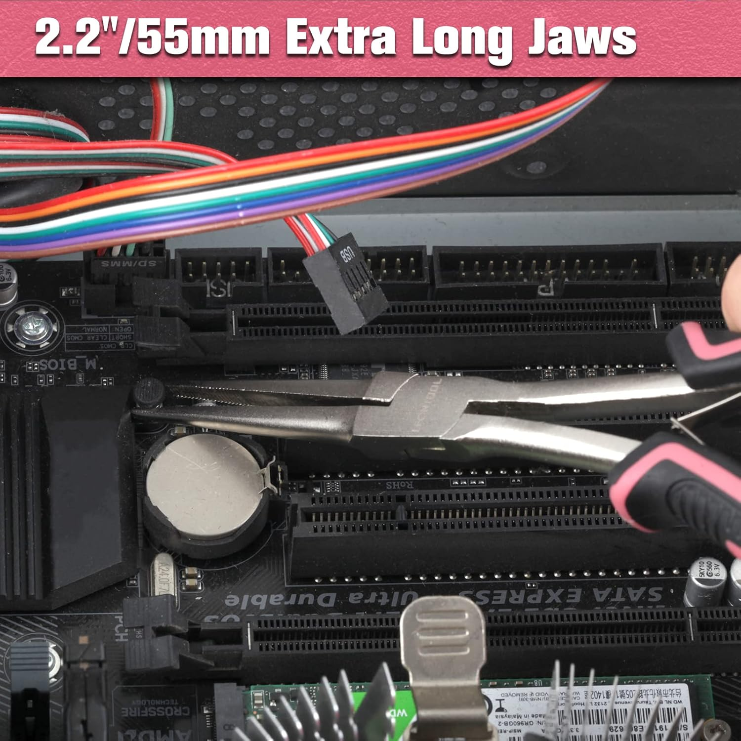 LEONTOOL Long Reach Needle Nose Pliers with Teeth 7-Inch Extra Long Needle Nose Plier for Jewelry Making Small Long Reach Long Nose Plier Non-Slip Handles Working in Tight Spaces, Pink Tool for Women image number 2