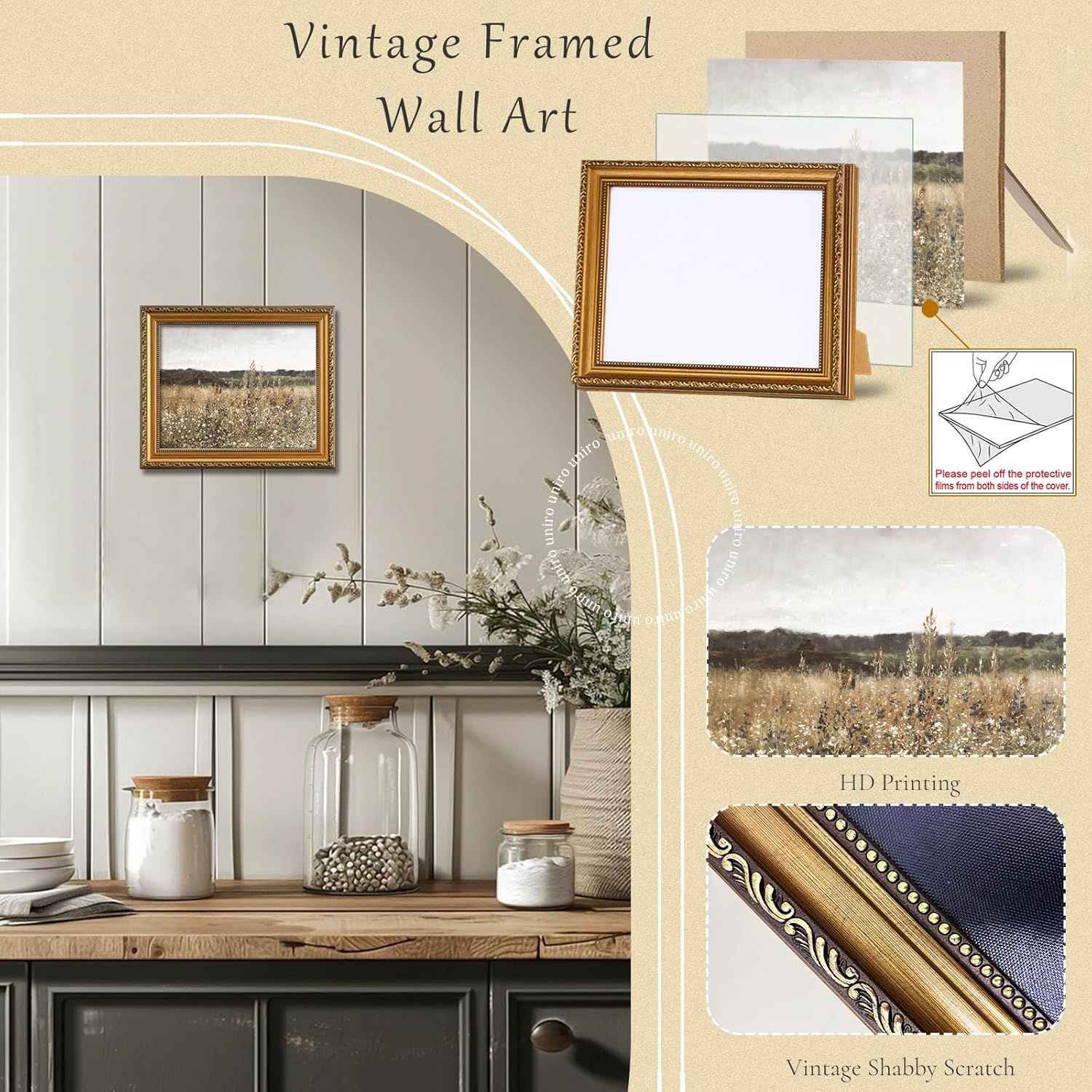 Uniro Vintage Gold Framed Wall Art for Home Decor, Farmhouse Wall Decor Wildflower Field Landscape Canvas Artwork, Antique Landscape Oil Painting for Bedroom Wall Decor, Rustic Country Aesthetic image number 7