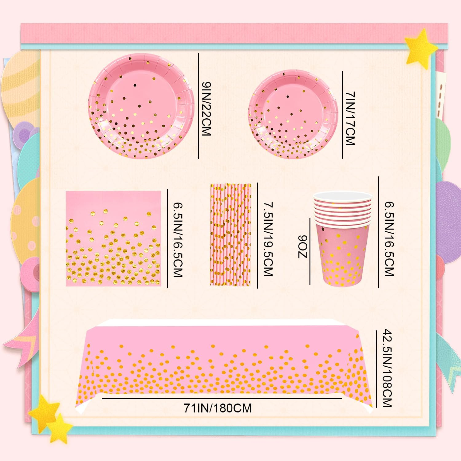 Pink Gold Party Tableware Set, 121Pcs Pink Dot Tableware Set Pink and Gold Paper Plates Cups Pink Gold Polka Dot Tablecloth Etc Pink and Gold Party Supplies Tableware image number 6