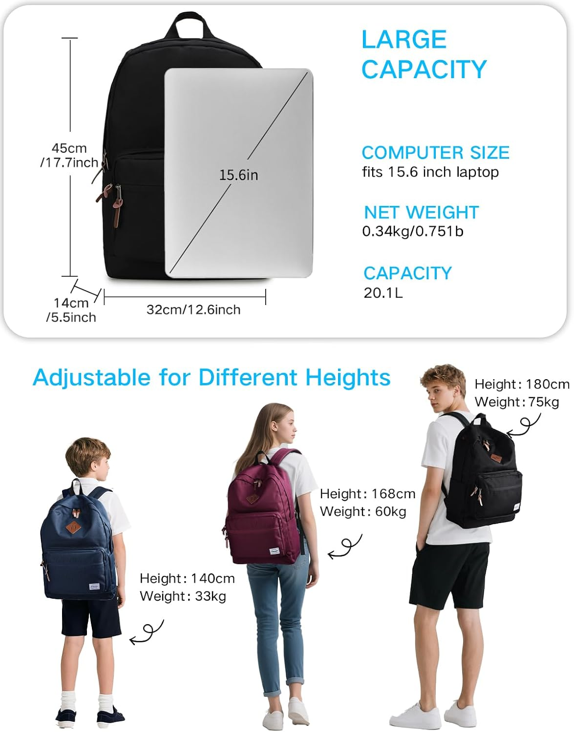 School Backpack,Ravuo Water Resistant Unisex Classic Basic Casual Bookbag - Blue image number 5