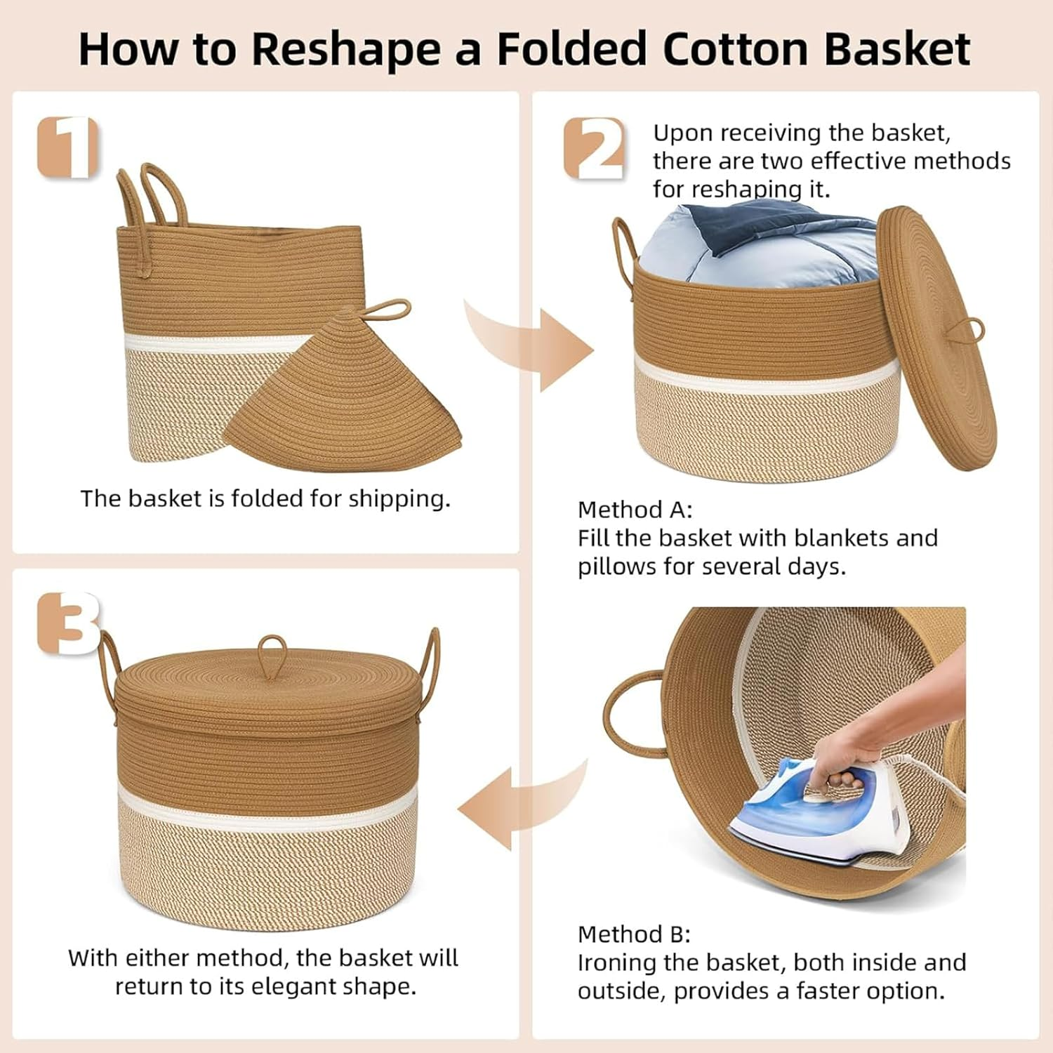 Extra Large Cotton Rope Woven Basket, Throw Blanket Storage Basket with Handles,Woven Storage Organizer for Blankets,Toys, Clothes, Rustic Rope Basket for Living Room, 50Cmx50Cmx38Cm image number 2