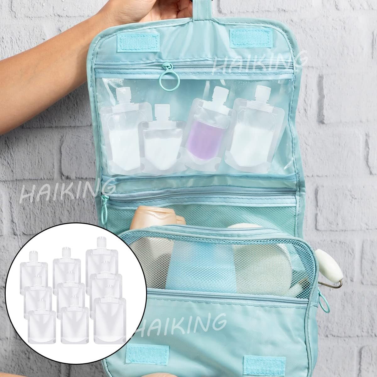 HAIKING Travel Bottles Cosmetic Packaging Bags, 9 Pcs Refillable Travel Pouches for Shampoo, Lotion, Toner (3 Sizes) image number 4