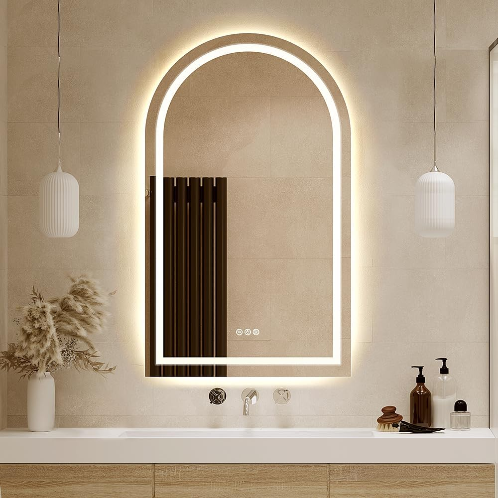 Simplus LED Bathroom Vanity Mirror Arch Mirrors Wall Light Vanity Shower Bathroom Make up Mirrors with anti Fog Smart Touch Switch Backlit and Front Light, 60X100Cm image number 3