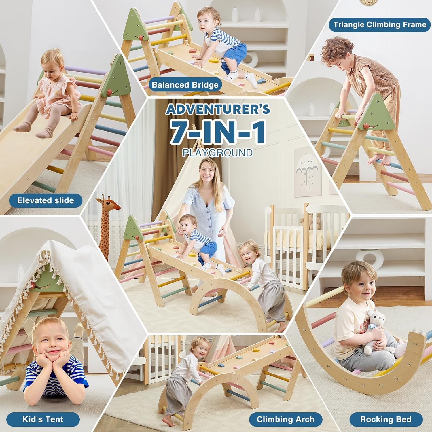 Pikler Triangle Set 7 in 1 Wooden Climbing Toys for Toddlers 1-3 inside Baby Climbing Gym Montessori Set Baby Jungle Gym Indoor Philosophy Climber with Arch & Ramp & Ladder Climber image number 3