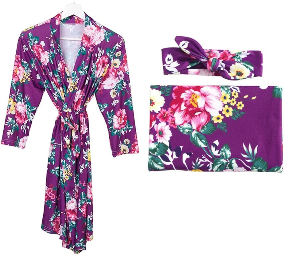Maternity Robe Matching Bafby Receiving Swaddle Blanket Set Newborn Hospital Labor Delivery Nursing Pregnancy Robe (Purple - 3Pcs, L-XL)