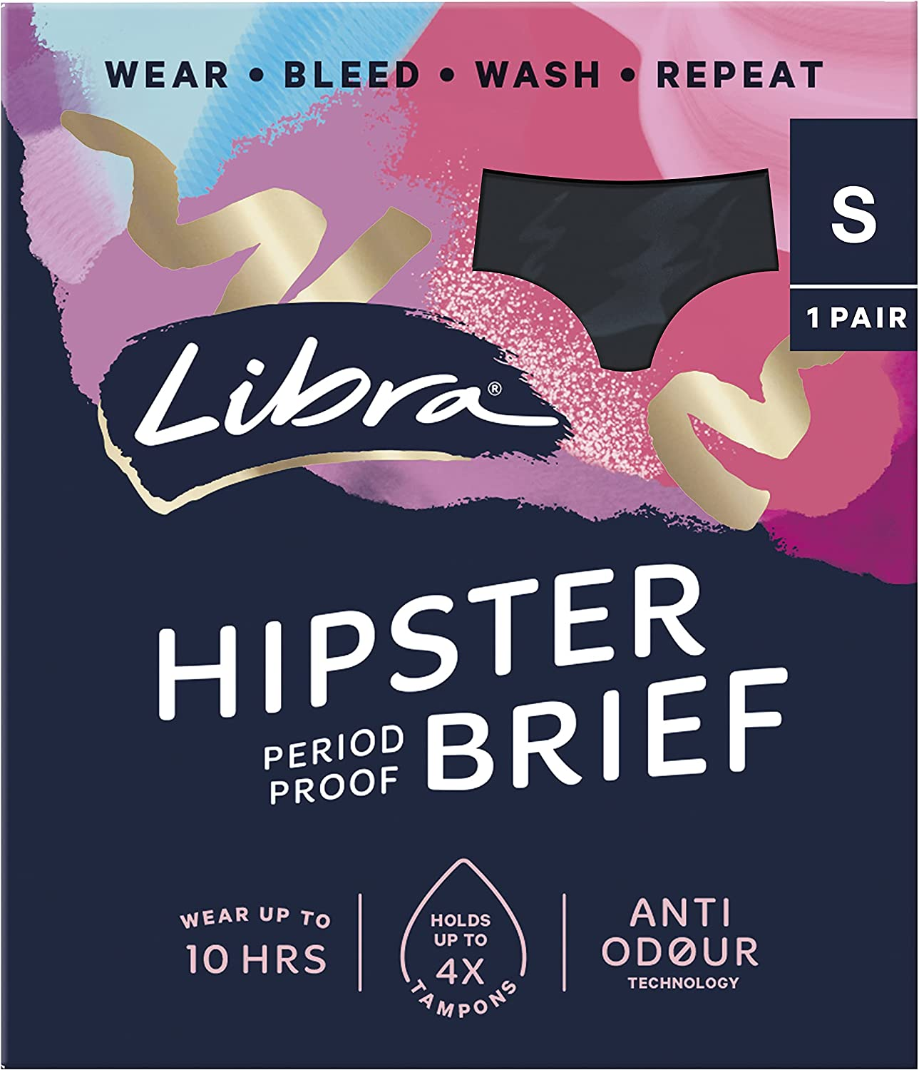 Libra Hipster Period Proof Brief, Reusable Underwear, Black, Small