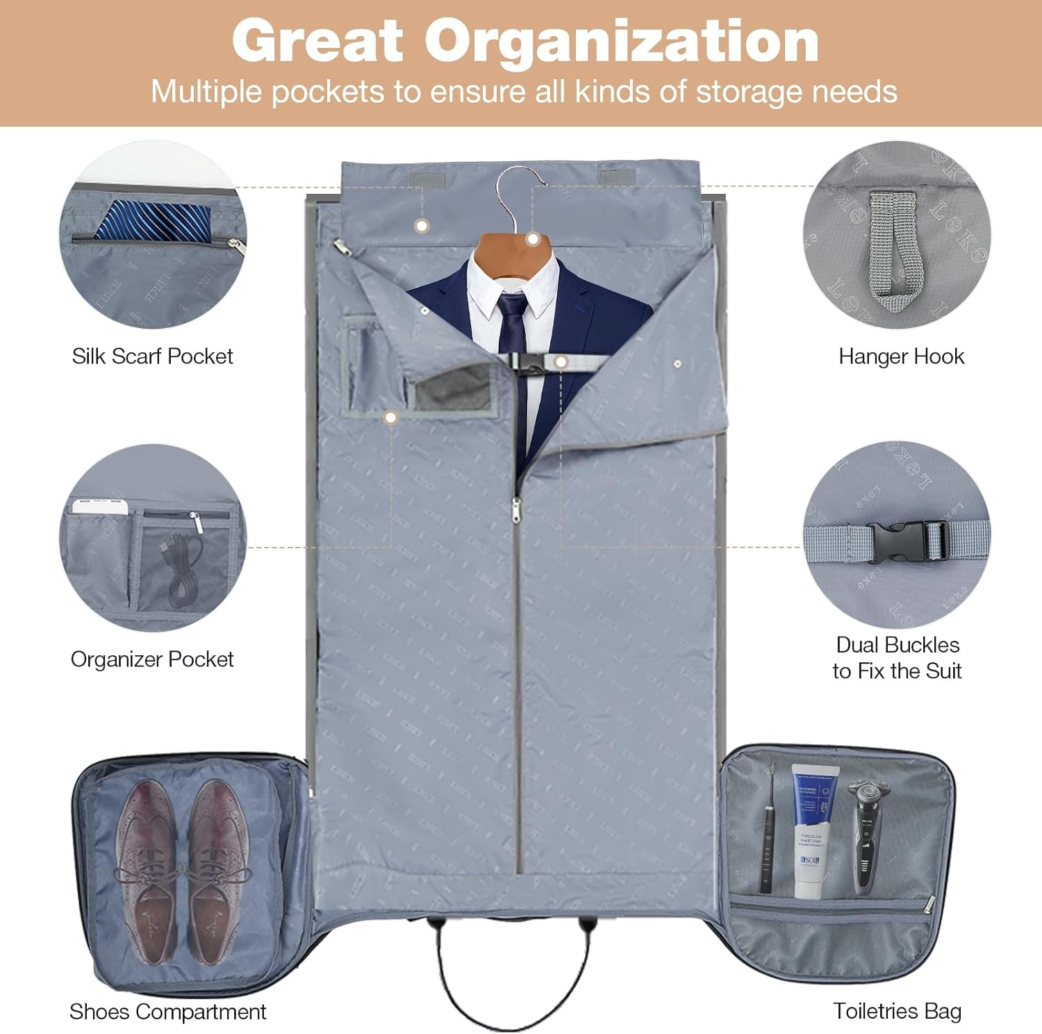 Lekespring Garment Bags with Wheels, Garment Convertible Weekender Bags, Large Carry on Garment Bags for Travel, Duffle Bag Garment Bag (Black, Medium) - Pink image number 5