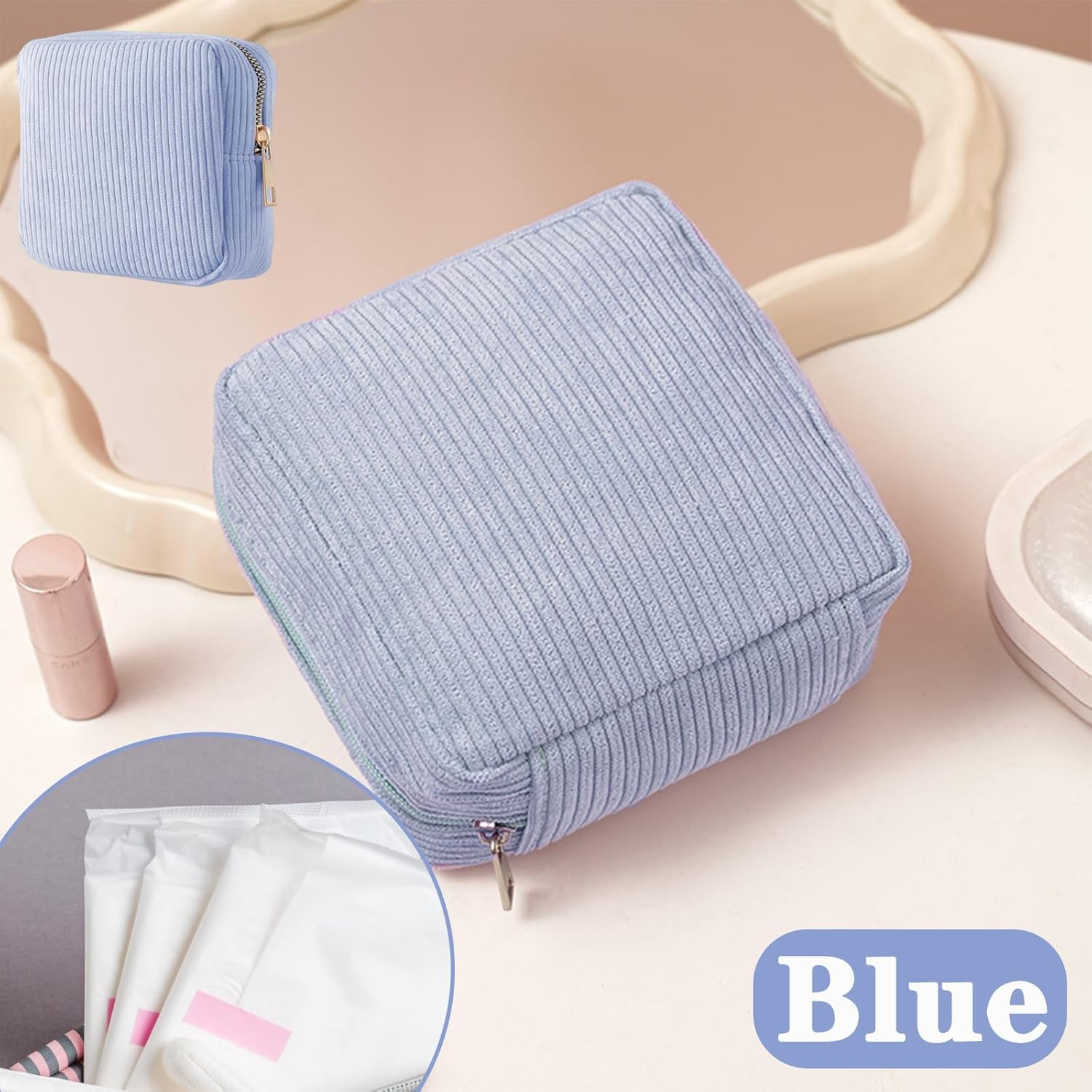 Sanitary Pad Storage Bag, Period Bags for Teenage Girls, Portable Small Corduroy Period Bag with Zipper, Cute Soft Mini Makeup Bag First Period Kit for Girls Women Outdoor(Blue) image number 3