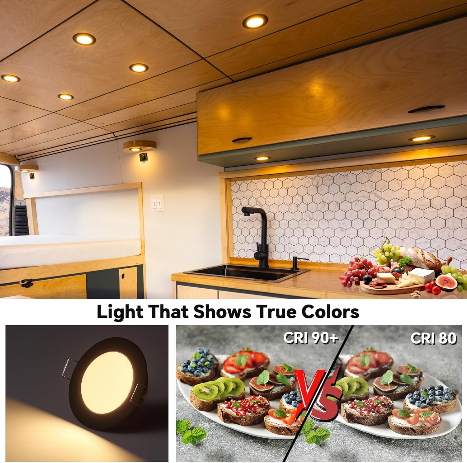 Acegoo 12V LED Campervan Recessed Mount Ceiling Light, 2.5W 6 Pack CRI 93 Caravan Boat Downlight Spot Lights for Van Cabin Truck Motorhome Sailboat under Cabinet Kitchen Bathroom, Black 3000K image number 3