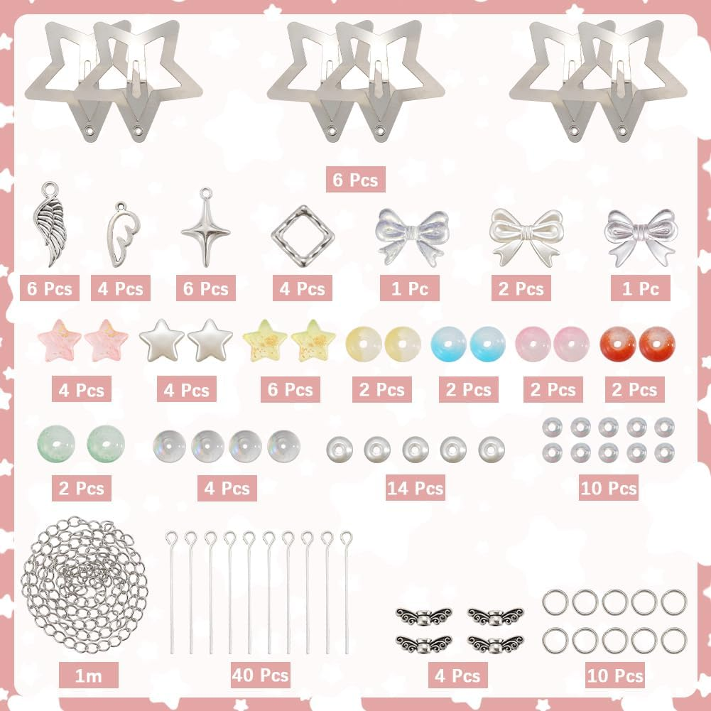SUNNYCLUE 1 Box DIY 6 Sets Star Tassel Hair Clips Making Kit Stars Hairclips Cute Wing Bowknot Bow Beaded Pendant Hairclip with Tassels Snap Barrettes for Women Braid Long Short Thin Thick Hair
