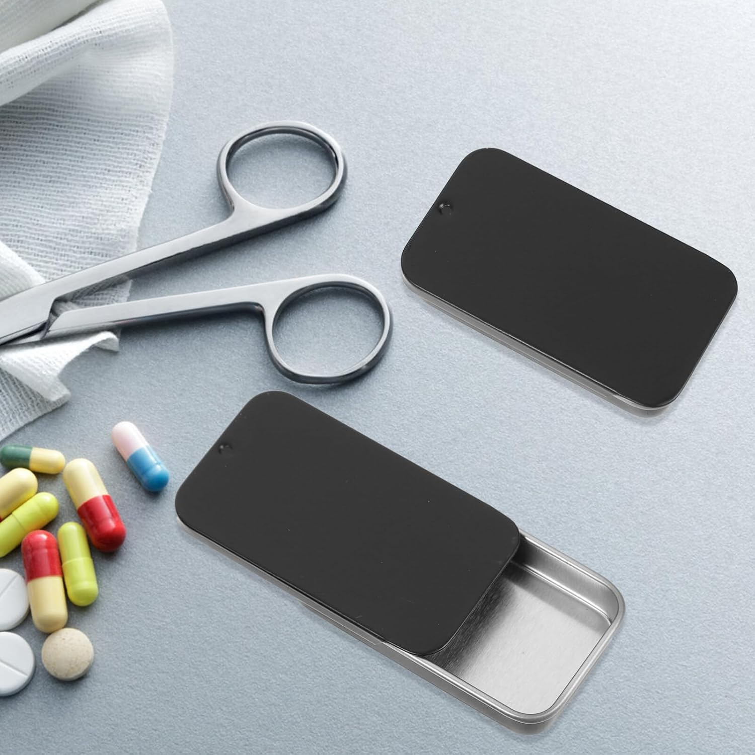 20Pcs Mini Portable Slide Top Small Tin Containers,2.36" X 1.34" X 0.39"Metal Tins Box Empty Storage Organizer Tins with Lids for Lip Balm Candies Candles (&lrm;Black) image number 5