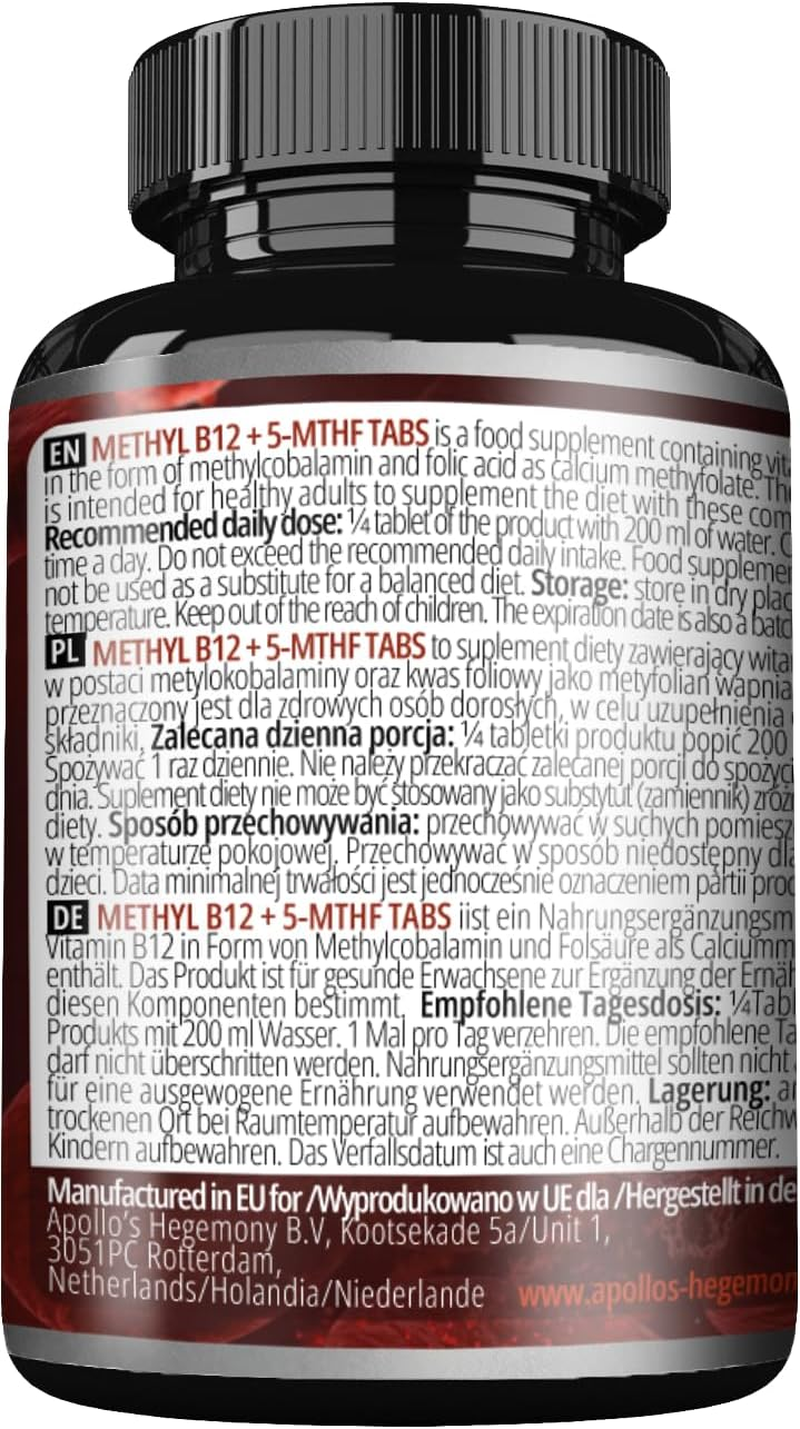 Methyl B12 + 5-MTHF 300 Mcg - Vitamin B12 and Folic Acid - 60 Vegan Tablets - 8 Months Supply - Energy and Well-Being Support - Diet Supplement by Apollo'S Hegemony image number 3