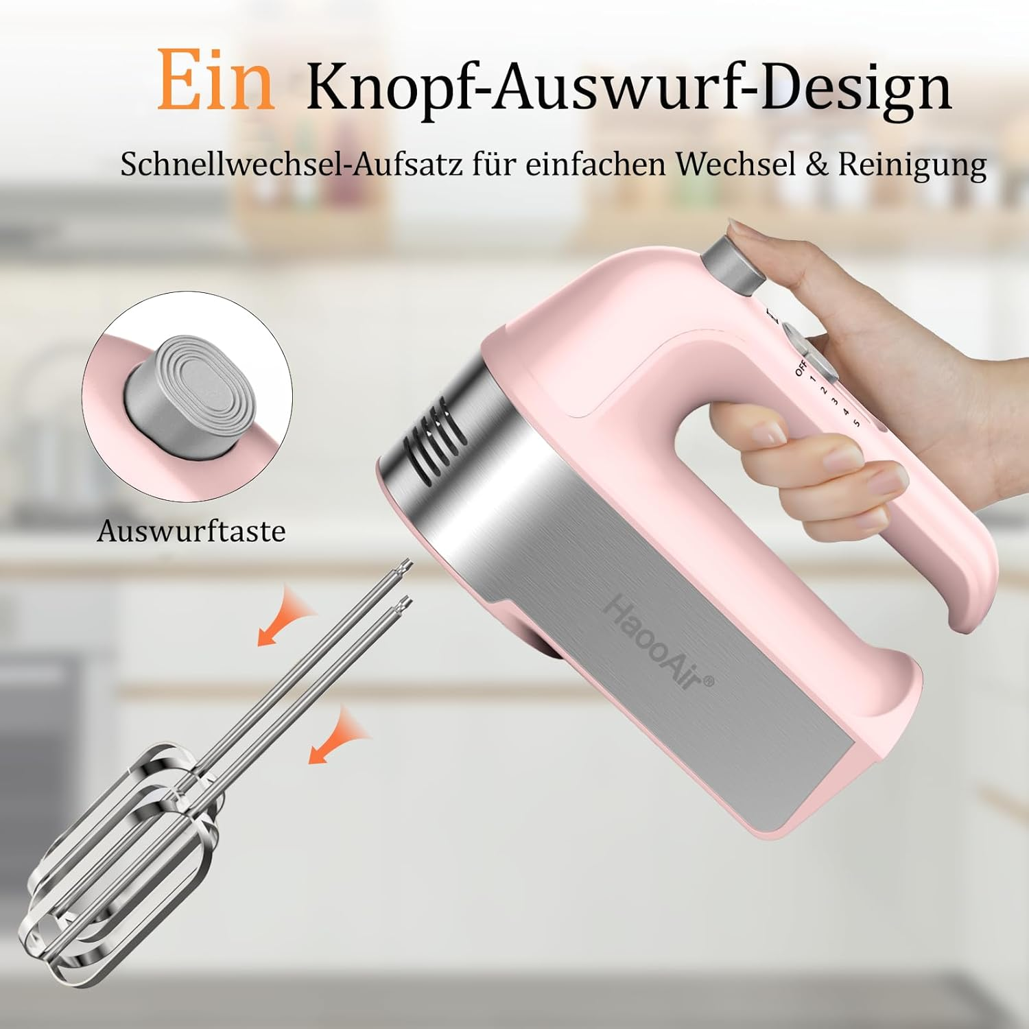 Haooair 450W Electric Hand Blender, 5-Speed Hand Mixer with Measuring Cup Storage Box, 5 Stainless Steel Attachments, Turbo Function, Eject Button image number 4