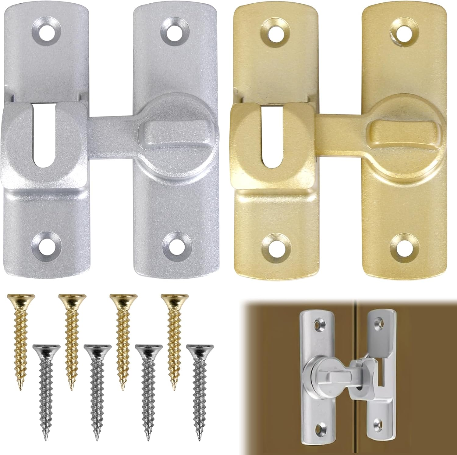 2 Pcs Silvery Barn Door Latches & Gold Gate Latches, Heavy Duty 90/180&deg; Adjustable Flip Gate Latches Hardware, Zinc Alloy Right Angle Lock for Sliding Doors, Cabinets, Bathrooms & Fences image number 5