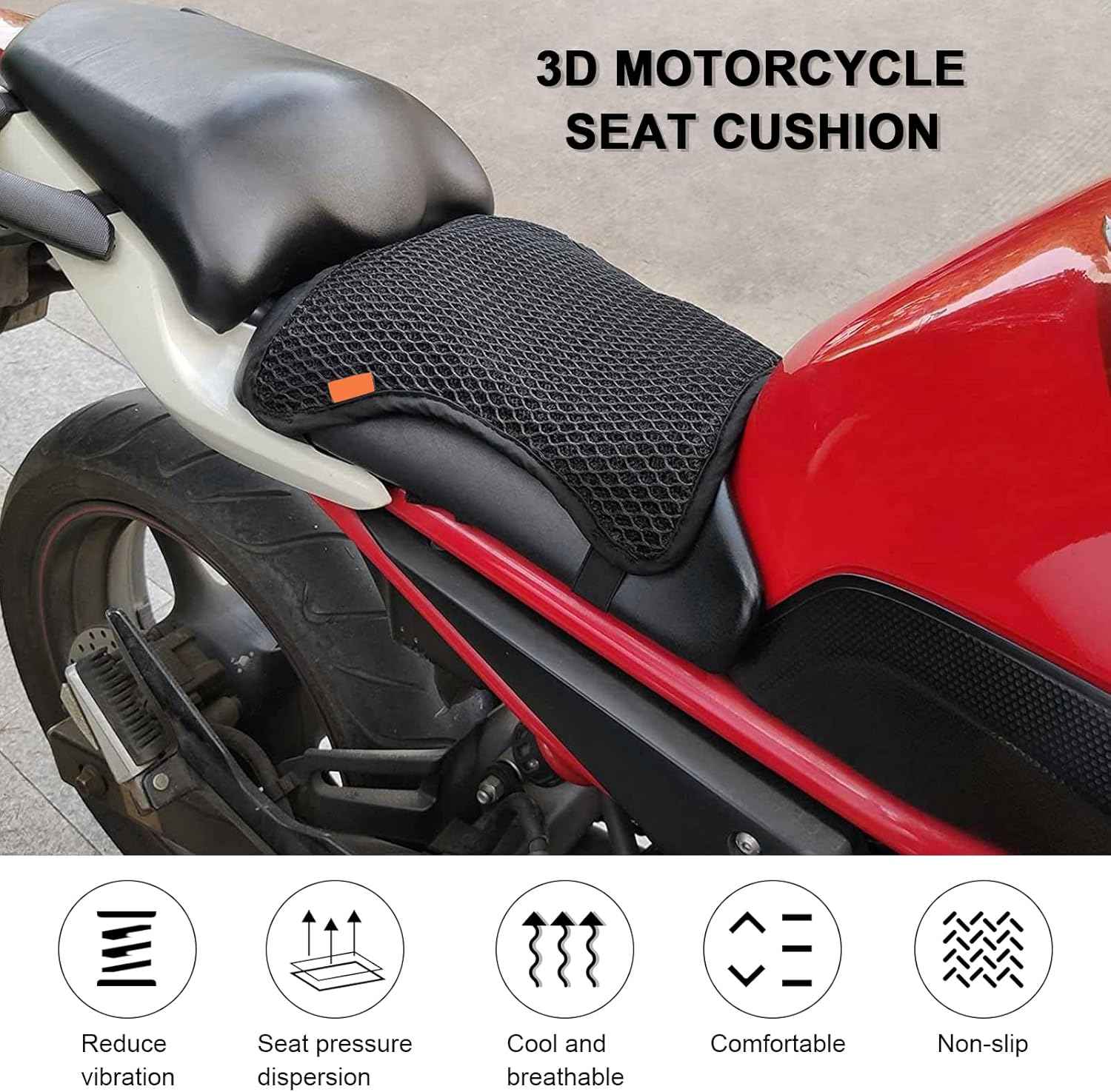 Safercctv Motorcycle Seat Cushion Air Cooling 3D Mesh Motorcycle Seat Pad,Butt Protector Pads,Motorcycle Cool Seat Cover,Breathable Motorcycle Seat Cover,Size S image number 6