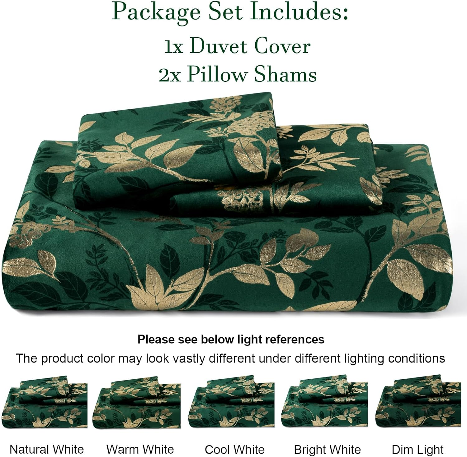 PHF Truly Velvet Duvet Cover Set King Size, 3Pcs Leaves Print Ultra Soft Breathable Comforter Cover Set, Luxury Cozy Flannel Duvet Cover with Pillow Shams Bedding Collection, 104" X 90",Green and Gold image number 3