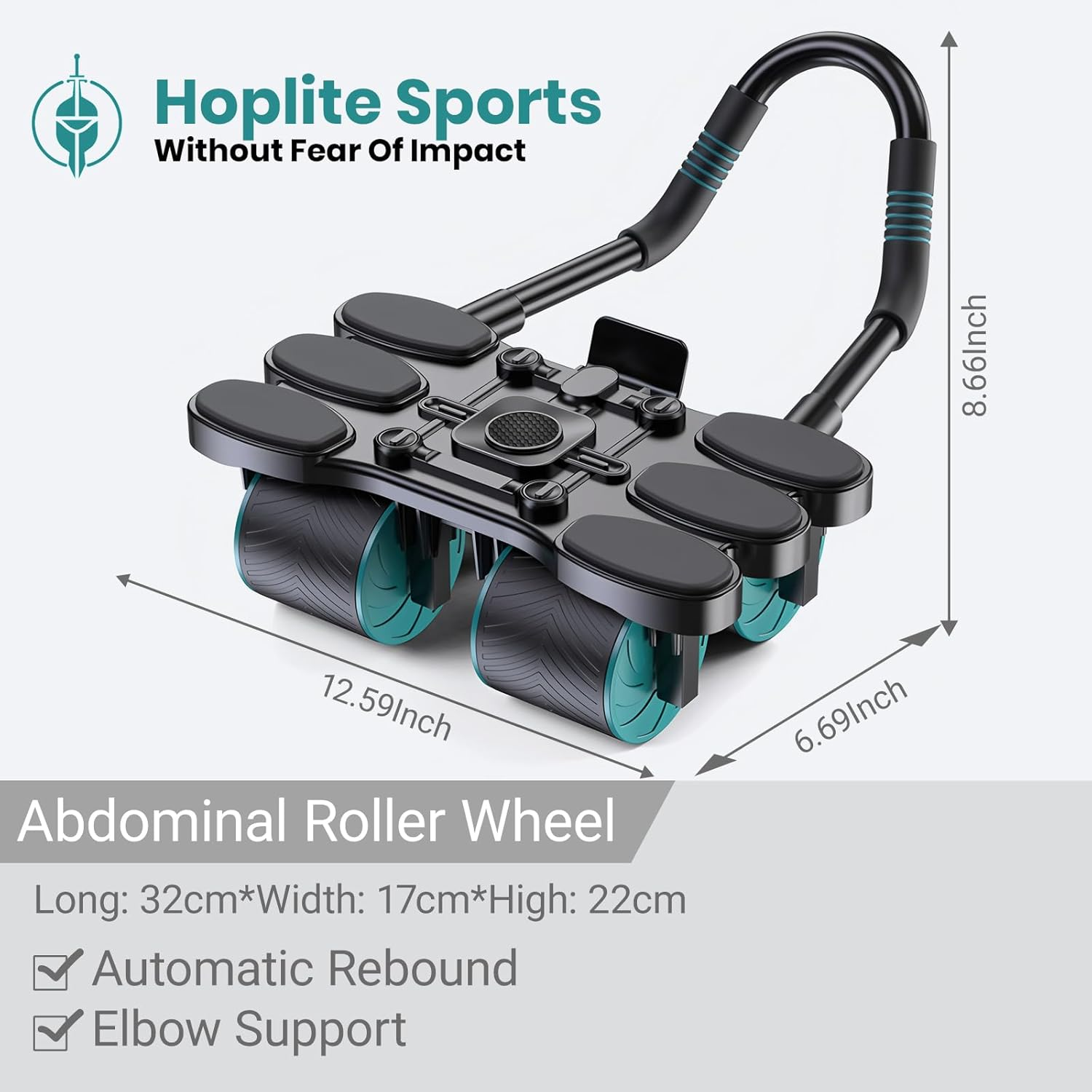 Hoplite Sports Ab Roller Wheel with Elbow Support &ndash; Power Roller Fitness Equipment for Abs, Core & Full Body &ndash; 4-Wheel Base, Silent Rebound, Anti-Slip Tires & Foldable Handles with Phone Holder - Blue image number 4