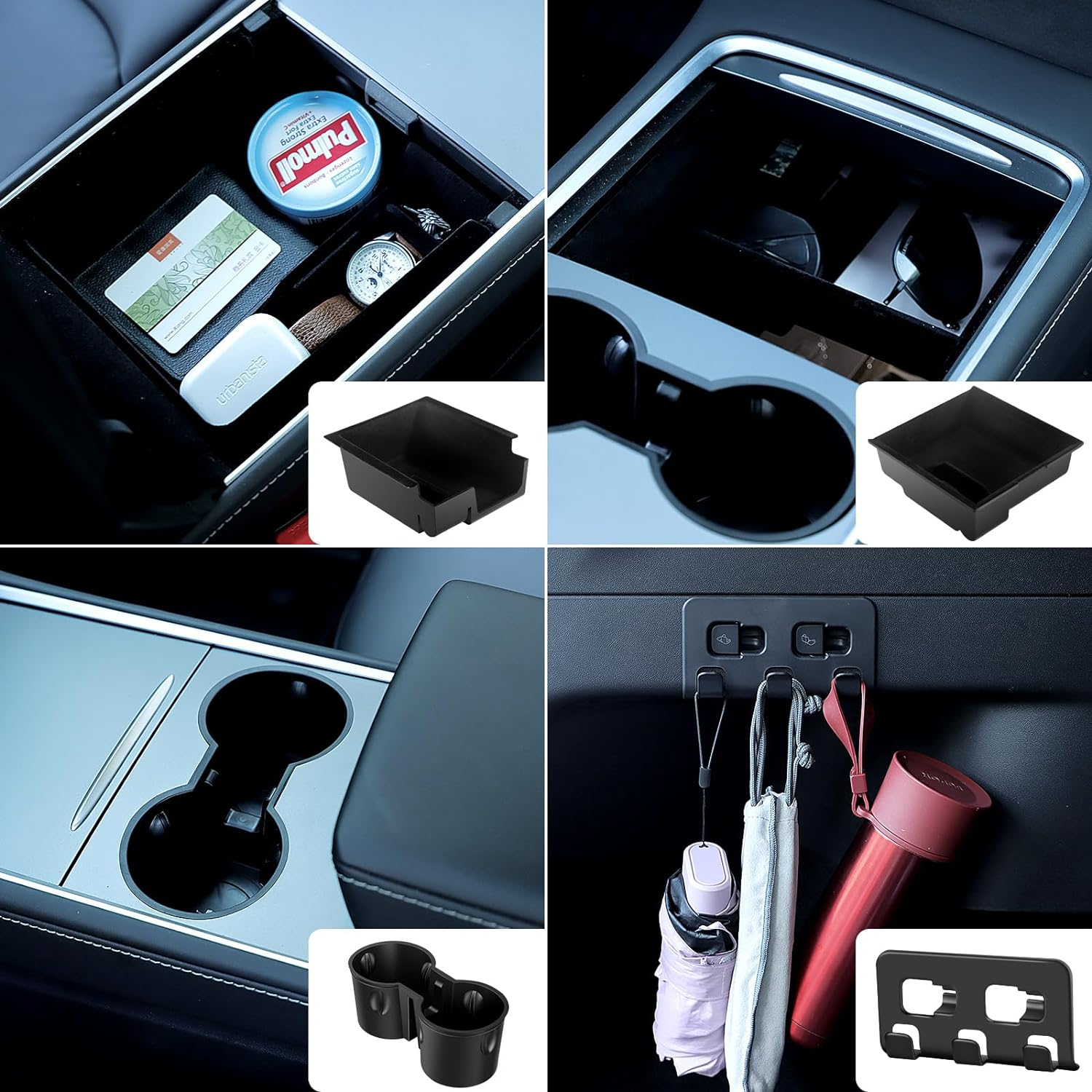 5PCS Center Console Organizer Tray for Tesla Model 3 Y Accessories 2023 with Silicone Cup Holder Insert, Rear Trunk Hook, Camera Cover for Tesla Model 3 Y 2021 2022, Upgrade Flocked Material