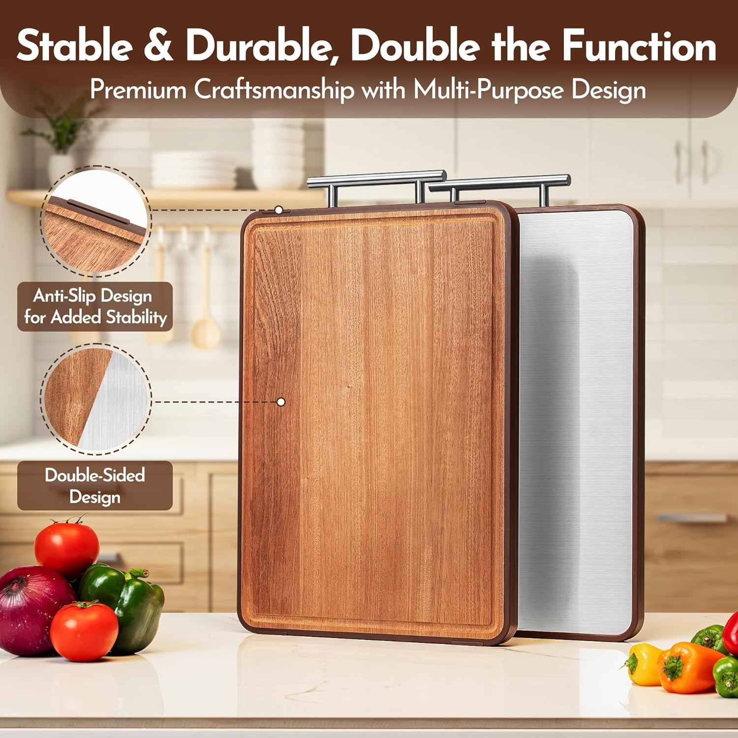 Chopping Board &ndash; Premium Wooden Cutting Board with Stainless Steel & Ebony, Double-Sided with Juice Groove &ndash; Ideal for Kitchen Prep, Charcuterie, Meat, Cheese & Fruit image number 1
