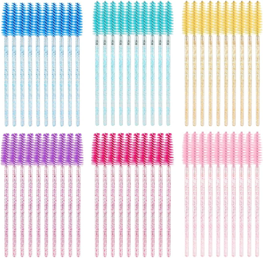 SWKJ 60 PCS Disposable Eyelash Brushes, Spoolies Eyebrow, Mascara Wands Applicator Lash Brushes Castor Oil Brush Cosmetic Makeup Tools(Crystal-Black)