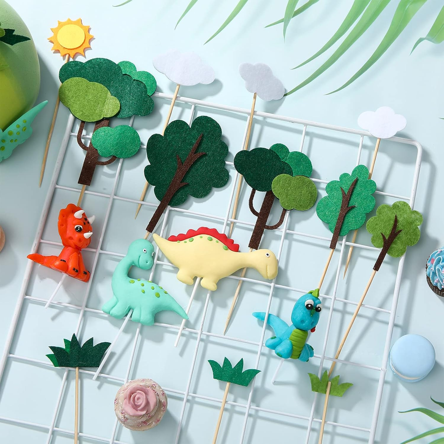 Dinosaur Cake Toppers Forest Series Dinosaur Decoration 16 Pieces Dino Jungle Safari Party Supplies Personalized DIY Cake Cupcake Inserts for Baby Shower Birthday Dinosaur Theme Party Favors