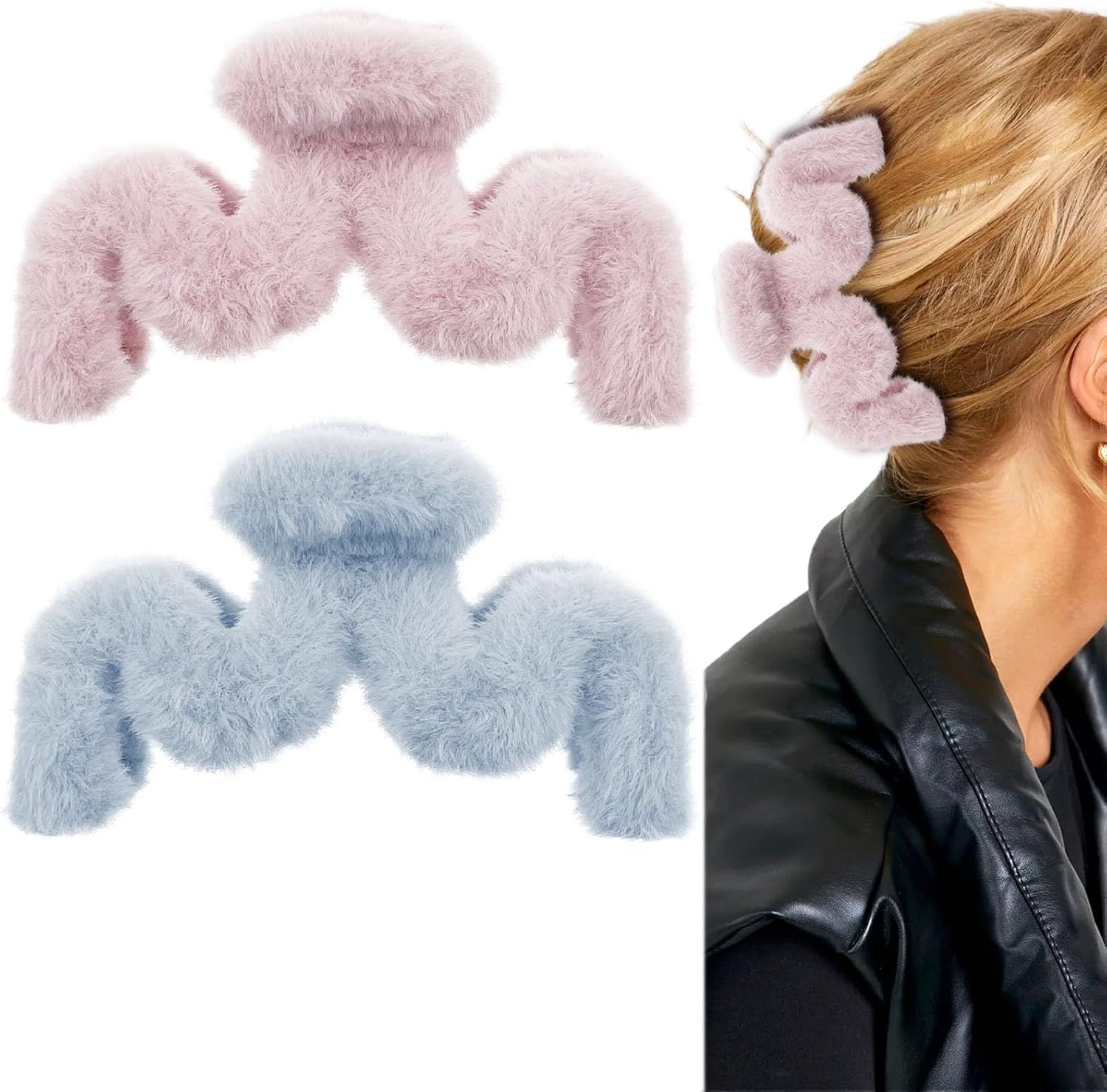 2 Pcs Fuzzy Fluffy Plush Large Hair Claw Clips Pink Blue Cute Wavy Hair Claws M-Shaped Jumbo Jaw Clips Strong Hold Hair Clips for Thick Long Curly Hair Women Girls (Leather Powder+Light Blue, One Size)