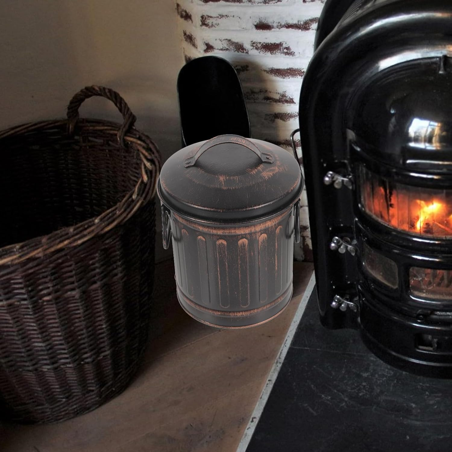 Happyyami Metal Ash Bucket with Lid 7.5 Inch Fireplace Ash Barrel for Hot Coal Storage and Outdoor BBQ Cleaning