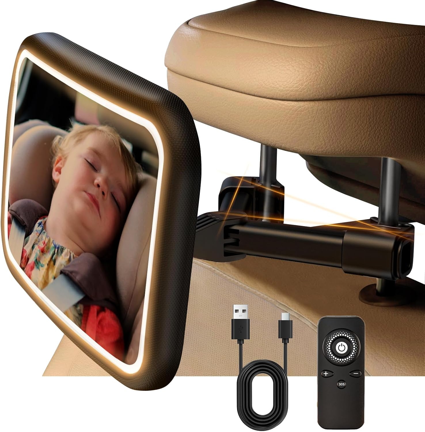 Baby Car Mirror with Night Light, Safety Shatterproof Car Seat Mirror for Child, Hook Clip Design Never Shake, Wide Clear View & 360&deg; Rotation Adjustable Car Mirror, New Born Baby Essentials image number 1
