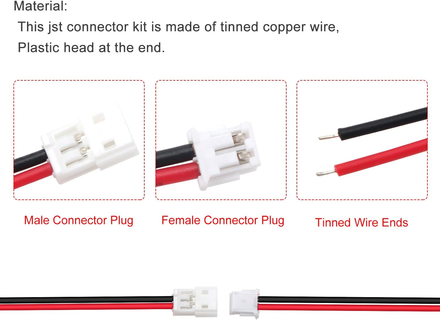 Lyeteung 30 Pairs JST 1.5 ZH 2 Pin Connectors, Mini Micro JST ZH 2-Pin Female and Male with 150 Mm 26AWG Cable Wire (Black Red) - 2 Pin - Red Black + Plug image number 7