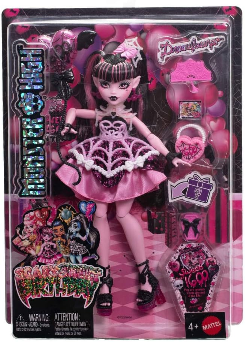 Monster High Scary Sweet Birthday Doll, Draculaura in Pink Party Dress with Themed Accessories like Invite, Balloon, Gift, Fan and More image number 5