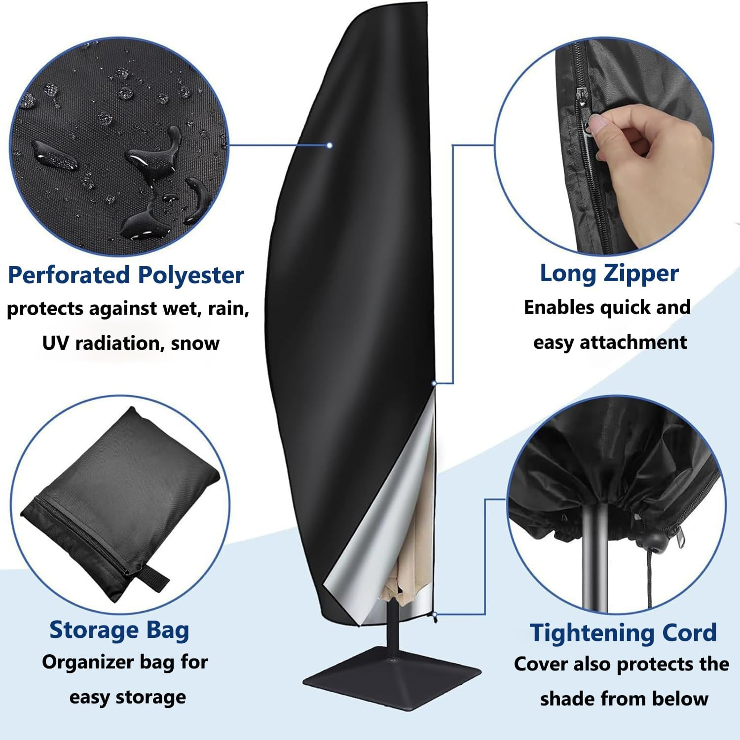 Umbrella Cover Waterproof Patio Offset Umbrella Cover Cantilever Outdoor Umbrellas Cover Parasol Covers with Zipper Fits for 8Ft to 12Ft Outdoor Umbrellas, Parasol Cover with Zip Shrink Drawstring