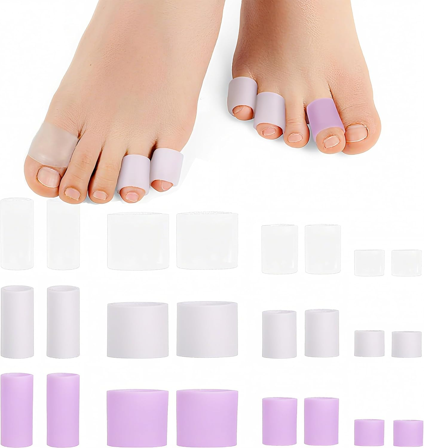 24PCS Silicone Toe Protector Sleeves, Betterjonny 4 Size Soft Gel Corn Toe Cushion Tubes Pads for Women Men Blisters, Bunion, Hammertoes, Calluses, Toenails Loss, Pain Relief (White, Clear, Purple) image number 3