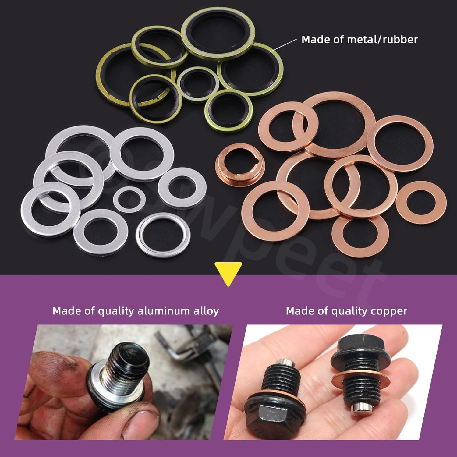 Swpeet 143Pcs M8 M10 M12 M14 M16 M18 M20 Aluminium & Cooper Washer Gasket and 2 Styles Oil Drain Plug with Yellow Zinc Plated Sealing O Rings Assortment Kit, Oil Crush Washers Seals for Most Cars image number 3