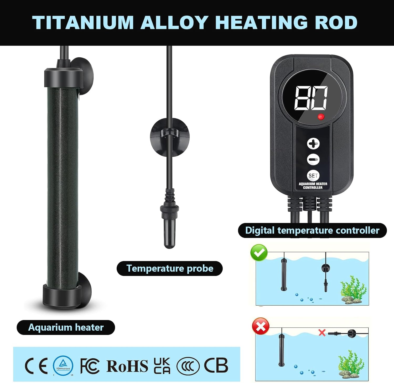 Aquarium Heater, Titanium Heater with Digital LED Controller & Temperature Probe (200W) Submersible Fish Tank Heater with Temperature Calibration for Saltwater Freshwater Tank 40 Gallon image number 3