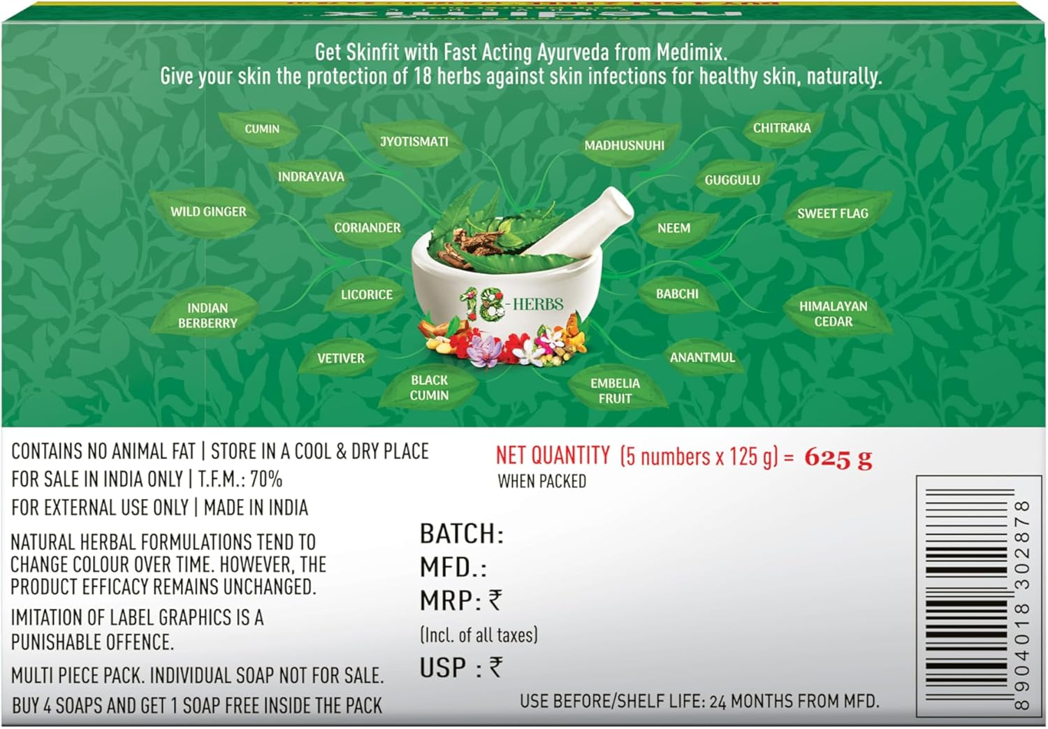 Medimix Ayurvedic Classic 18 Herbs Soap, 125G (Pack of 5) image number 5