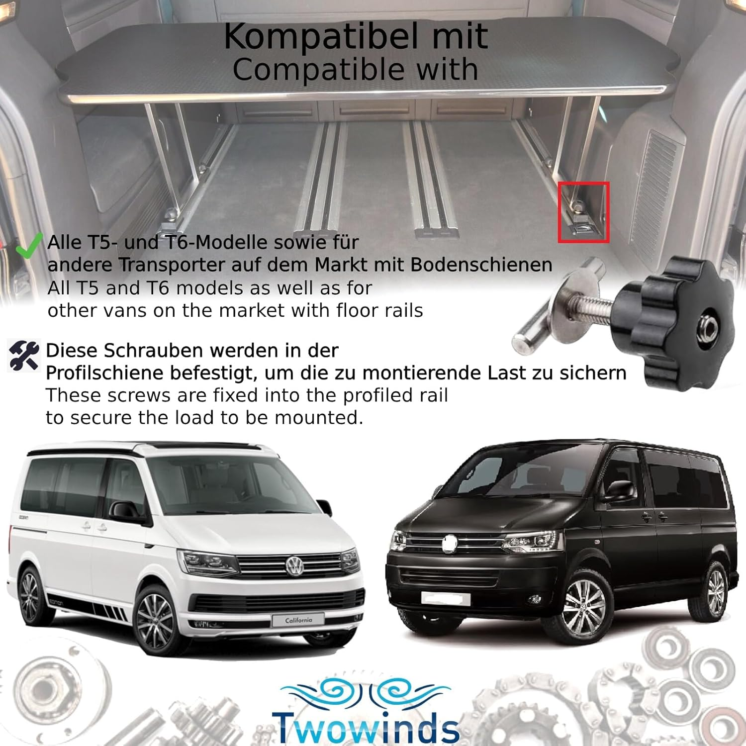 Twowinds Load Securing Screws Interior Guide Rail Anchor Fixing Screws for Fridge, Potty, Compatible with VW T5 T6 Multivan Transporter California 7H5883189E, 7H5883084C (4 Lots)