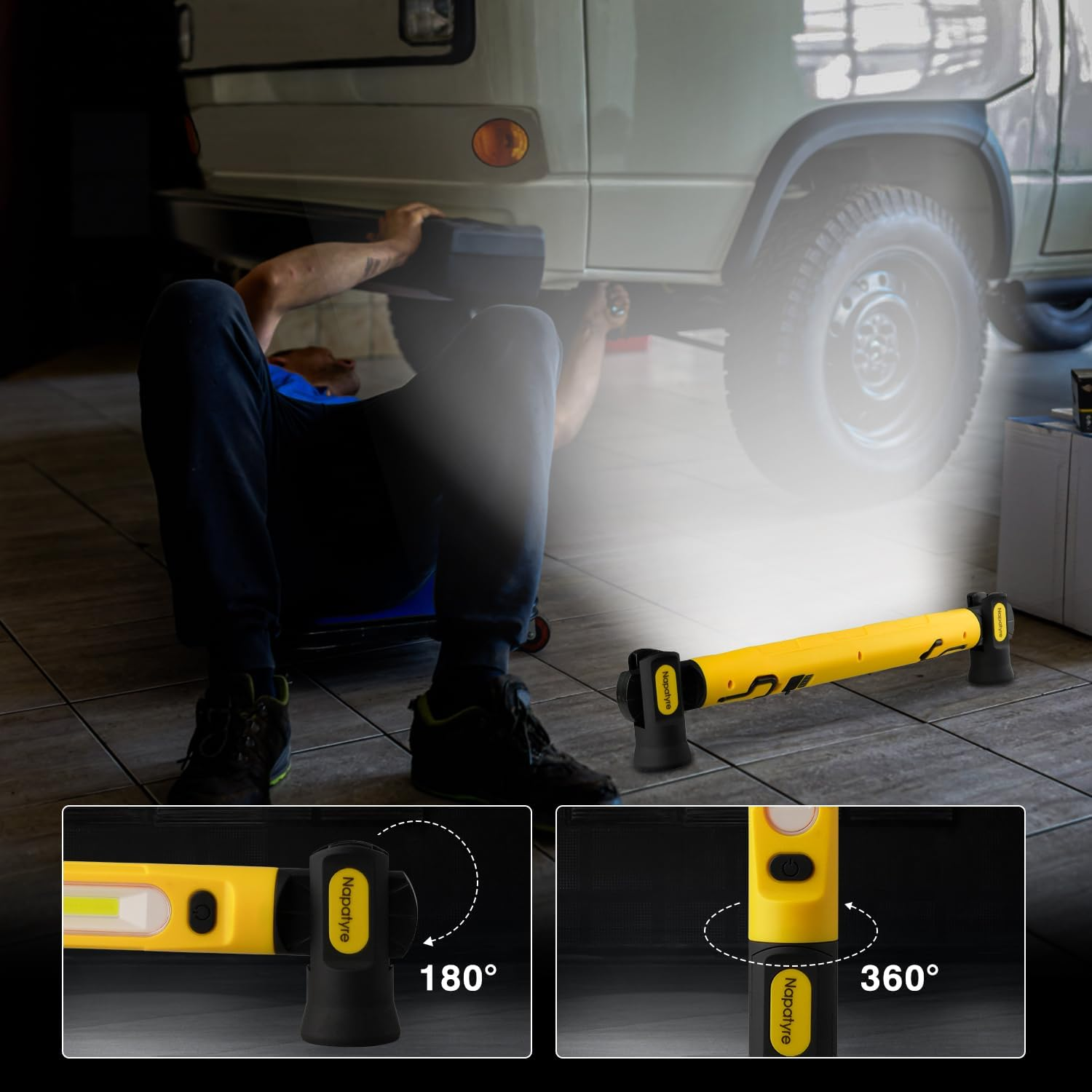 Rechargeable LED Work Light, 2400LM 4400Mah Bright Magnetic Underhood Mechanic Light with Hooks & Rotating Magnetic Base for Car Repair, Garage, Workshop, Emergency