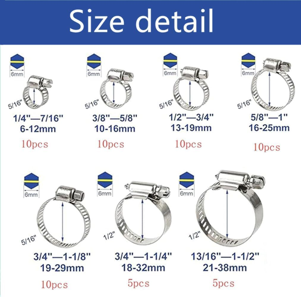 Gewaha 60Pcs Hose Clamps Assortment Kit,7 Sizes Stainless Steel Adjustable 8-38Mm Range Worm Gear Hose Clamps Assortment Kit for Secure Pipe and Hose Connections PEX Clamp Rings