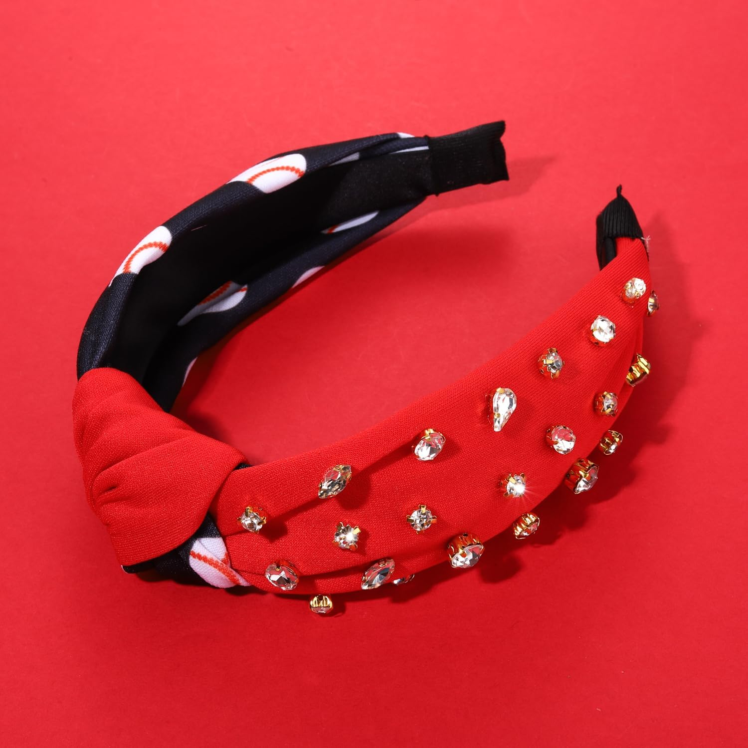 CEALXHENY Rhinestone Knotted Headbands for Women, Top Knot Baseball Headband, Embellished Jeweled Game Day Headband Sports Team Headbands Game Day Hair Accessory (Baseball-Back/Red) - Baseball-Back/Red image number 4