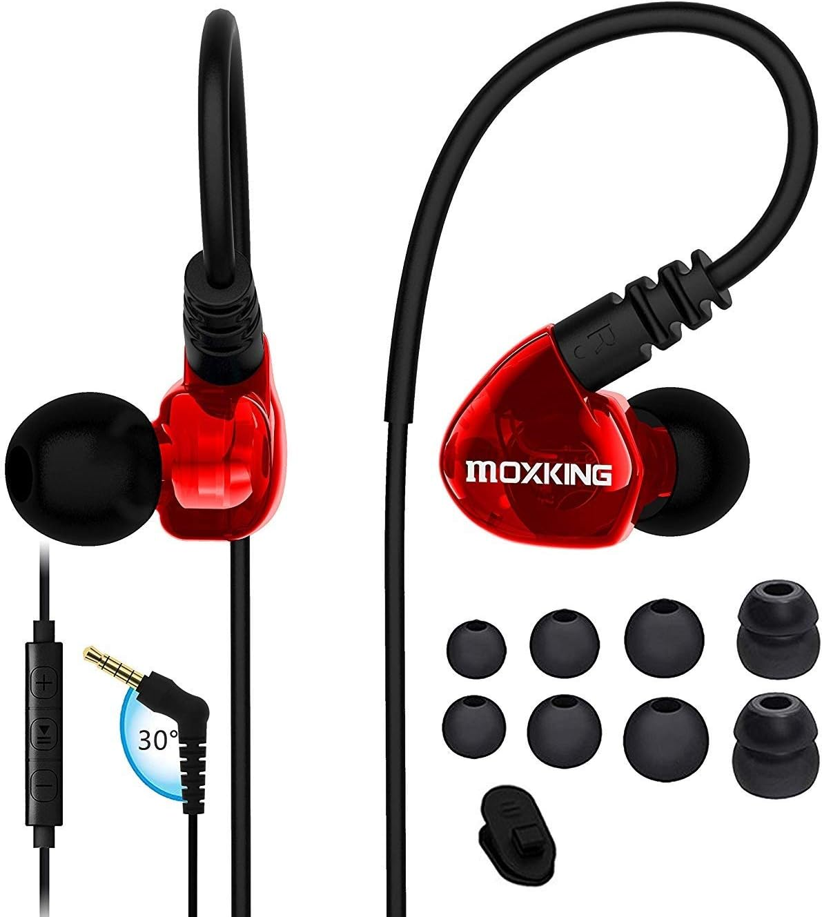 MOXKING Running Sports Earbud Headphones Wired over Ear in Ear Headsets Noise Isolation Waterproof Earbuds Enhanced Bass Stereo Earphones with Microphone and Remote for Running Jogging Gym (Red) image number 2