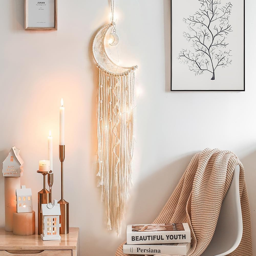 Koytoy Macrame Wall Hanging with LED Light,Moon Dream Catcher Woven Tapestry Bohemian Home Decor Wedding Party Ornaments Craft Gifts Ramadan Decorations for Home image number 5