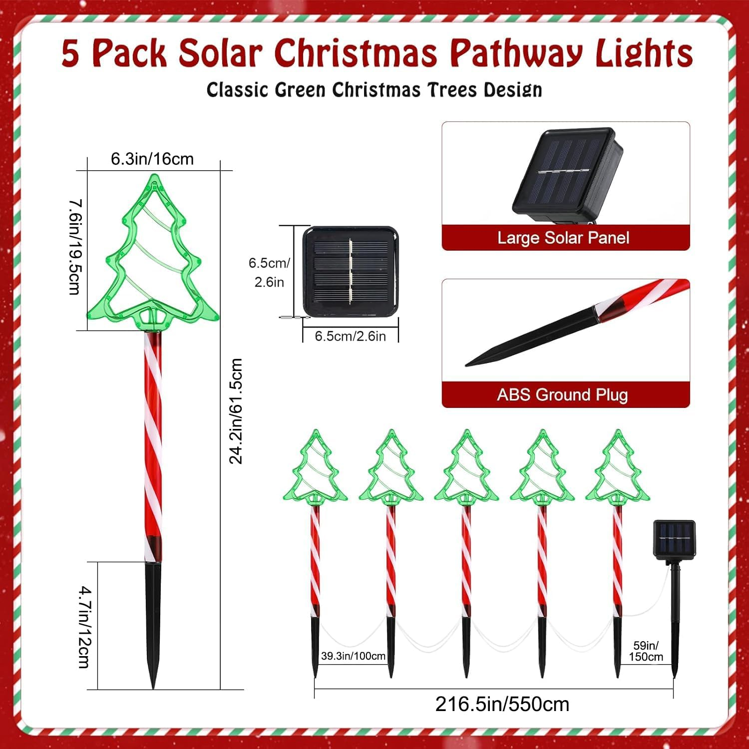 5 Pack Christmas Solar Pathway Lights Outdoor Decorations, 8 Modes Christmas Tree Candy Lights with 70 Leds, Waterproof Xmas Garden Stake Lights for Walkway Yard Lawn Porch Holiday Decor image number 1